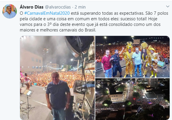 Ãlvaro diz no Twitter que carnaval de Natal supera expectativas