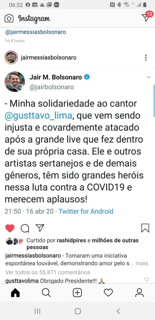 Bolsonaro presta solidariedade ao cantor Gusttavo Lima