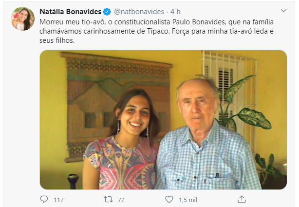 Faleceu Paulo Bonavides, tio-avÃ´ de NatÃ¡lia Bonavides