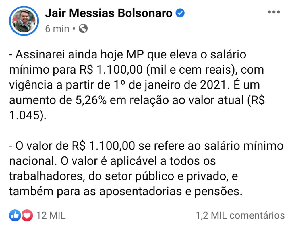 o salario Bolsonaro anuncia salário mínimo de R$ 1.100,00 para 2021