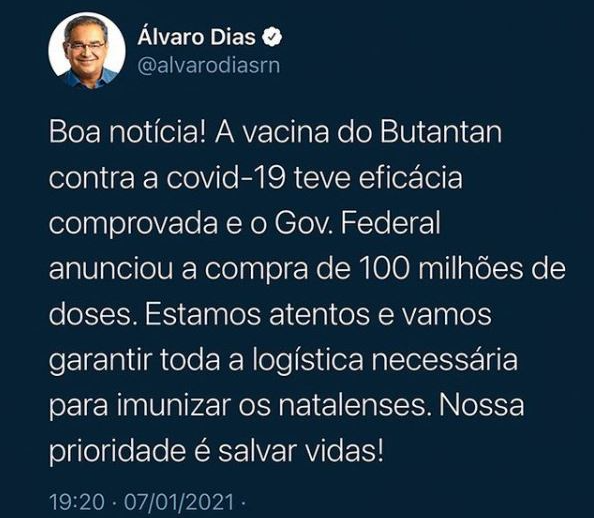 alvaro nas redes cociais Álvaro garante logística para vacina em Natal (RN)