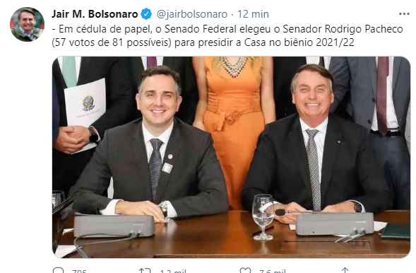 jair pacheco No Twitter, Bolsonaro comemora vitória de Pacheco