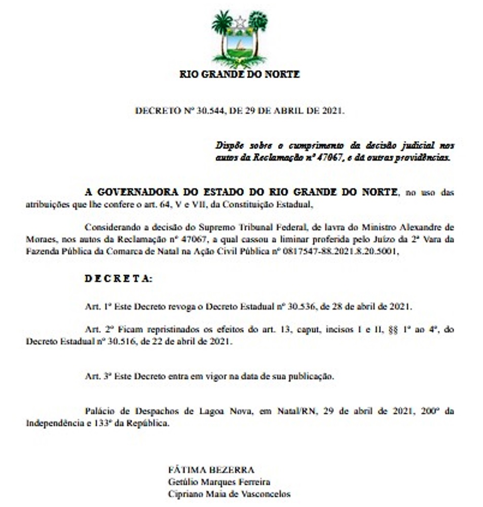 Sem titulo 'Revogação' de decreto que autorizava volta às aulas presenciais é publicada no Diário Oficial do RN