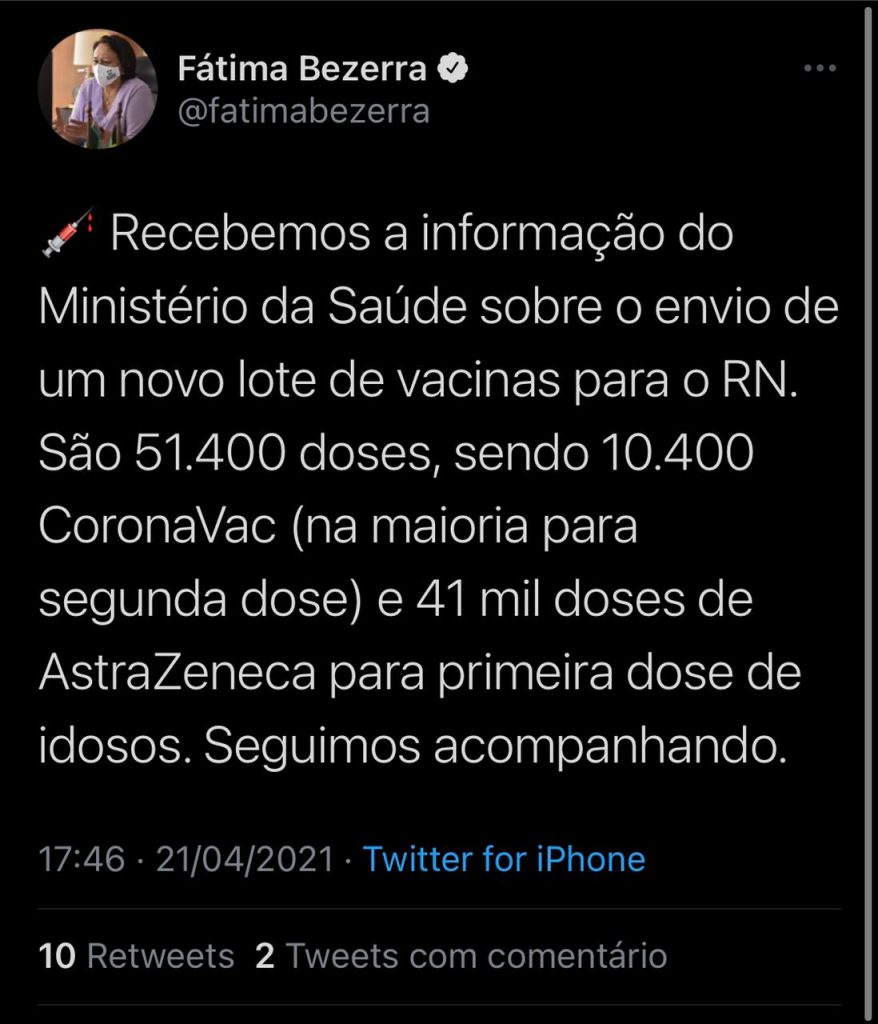 chega mais Bolsonaro vai enviar 51.400 novas doses de vacina para o RN