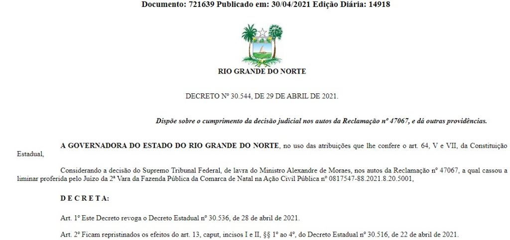 decreto 1 'Revogação' de decreto que autorizava volta às aulas presenciais é publicada no Diário Oficial do RN