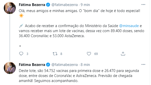 fatima diz que vacinas Governo Bolsonaro enviará lote de 83 mil vacinas para o RN previsto para esta quinta feira (15), diz Fátima Bezerra