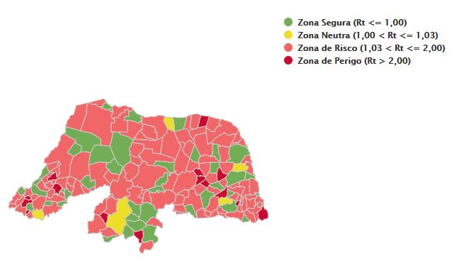 mapa RN 121 municípios do RN estão em risco ou zona de perigo para taxa de transmissibilidade da covid-19