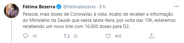 RN receberÃ¡ 16.600 doses de CoronaVac nesta sexta (14)