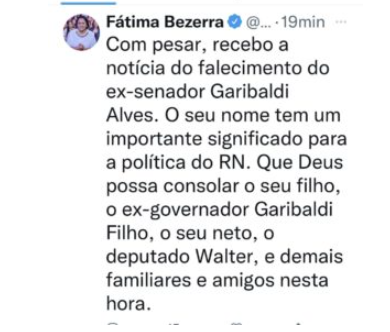 Redes Sociais: Fátima lamenta falecimento de Garibaldi Alves