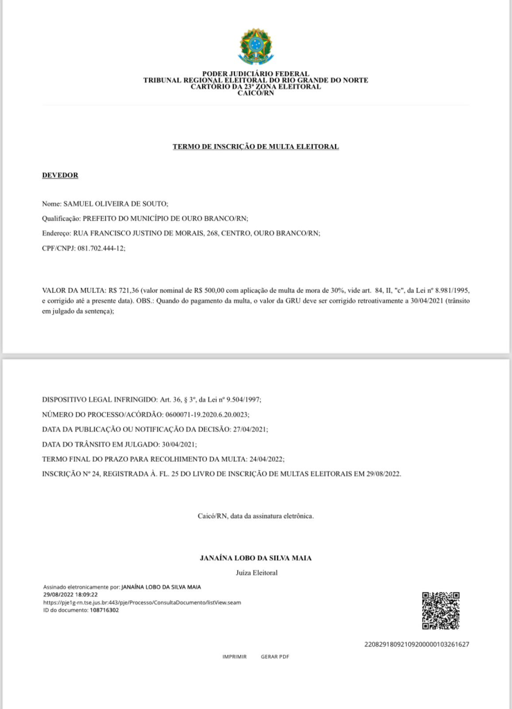 Prefeito de Ouro Branco tem pedido de Impugnação por não pagar multa