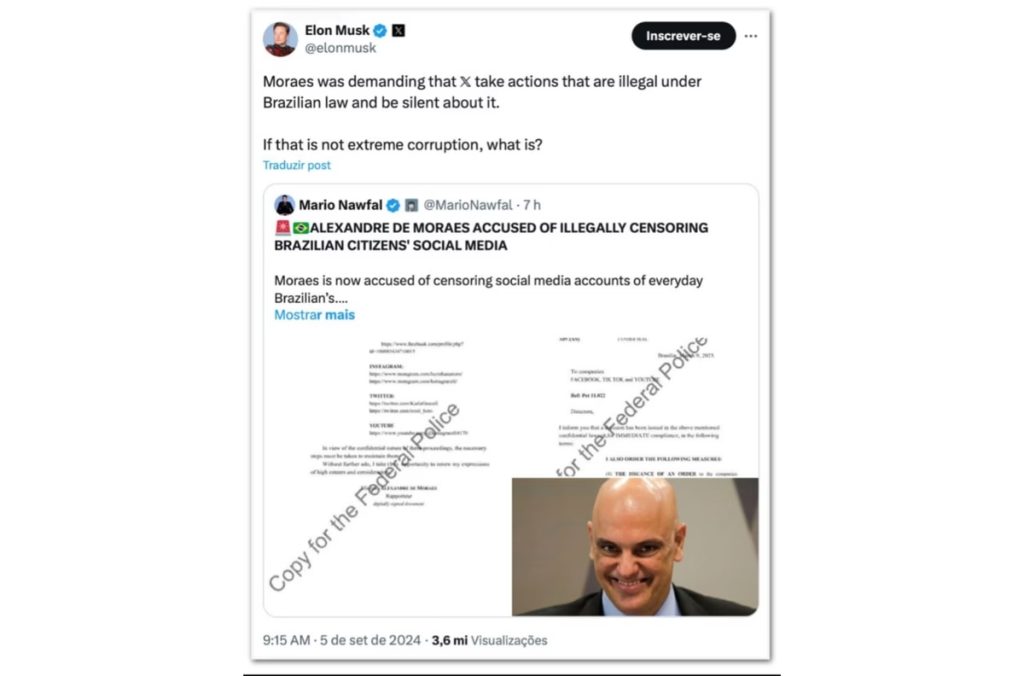 'Corrupção extrema': No X, Musk critica Alexandre de Moraes