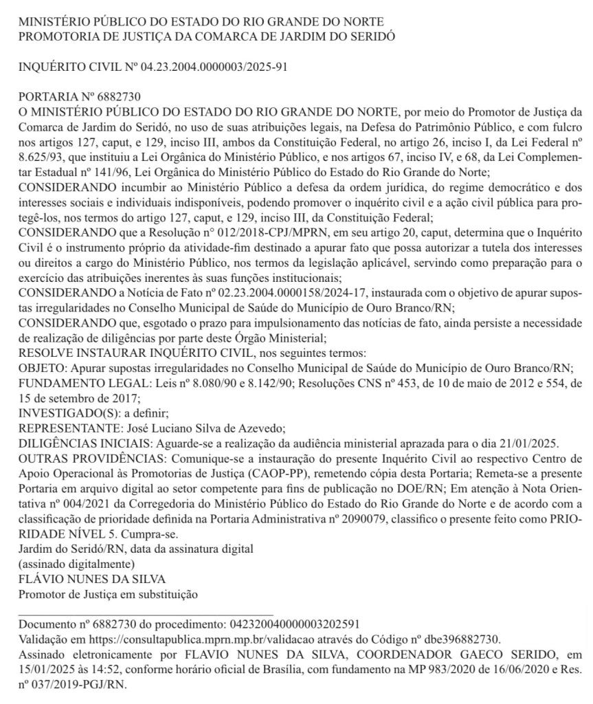 Coordenador do GAECO SeridÃ³ abre investigaÃ§Ã£o contra Conselho Municipal de SaÃºde de Ouro Branco