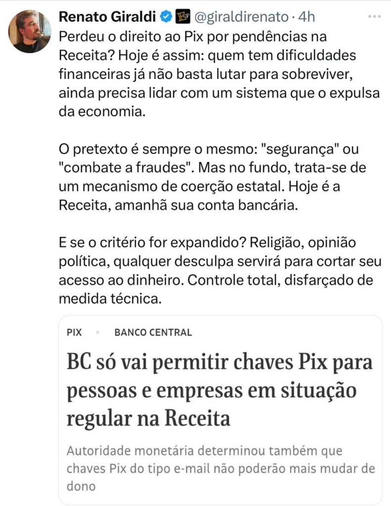 Mais uma vez repercute mal ação do Banco Central e do governo Lula sobre o Pix