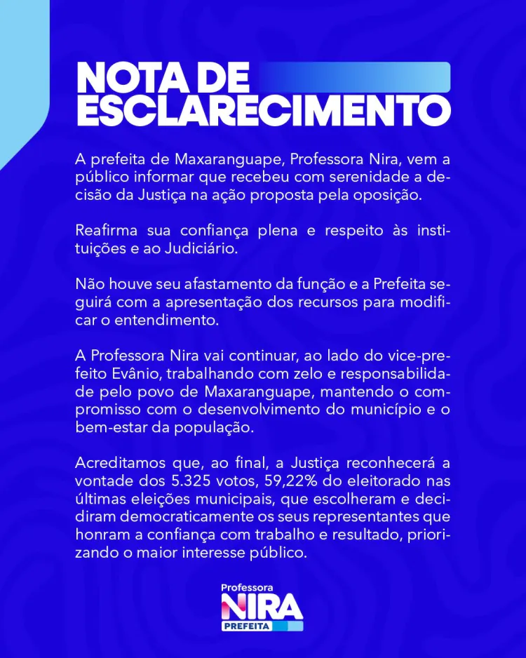 Maxaranguape (RN): Justiça diz que cassou a prefeita Nira; ela diz que não