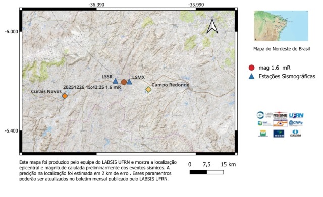 Terra voltou tremer no municÃ­pio de Currais Novos, conforme registro do LabSis/UFRN