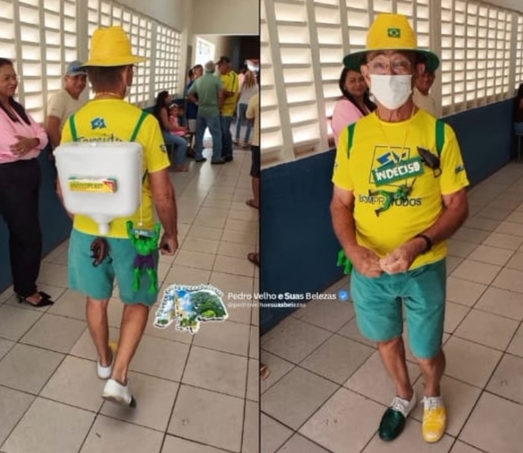 Eleitor de Parelhas inova no visual e vota carregando uma descarga nas costas
